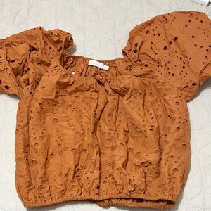 Women's Eyelet Puff Sleeve Top - Orange